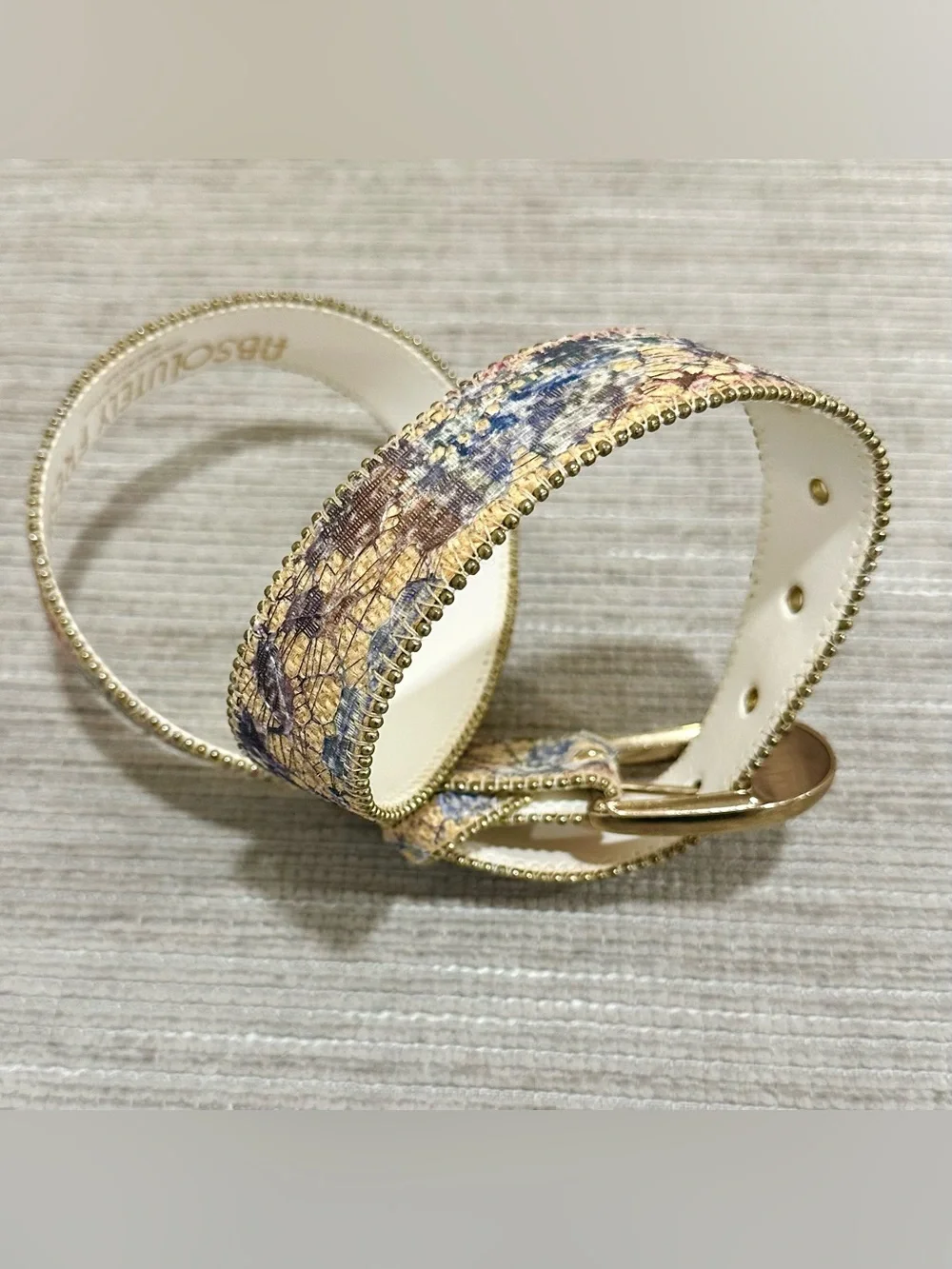 Ladies Vintage Leather Belt,‎ Yellow With Glittery Abstract Designs, Gold Buckle